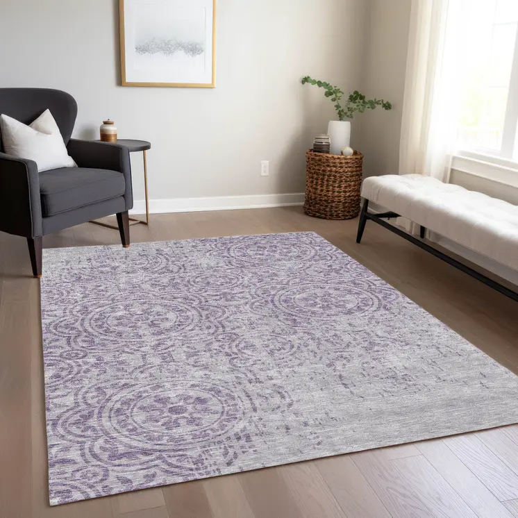 3' X 5' Lavender And Lilac Medallion Washable Indoor Outdoor Area Rug