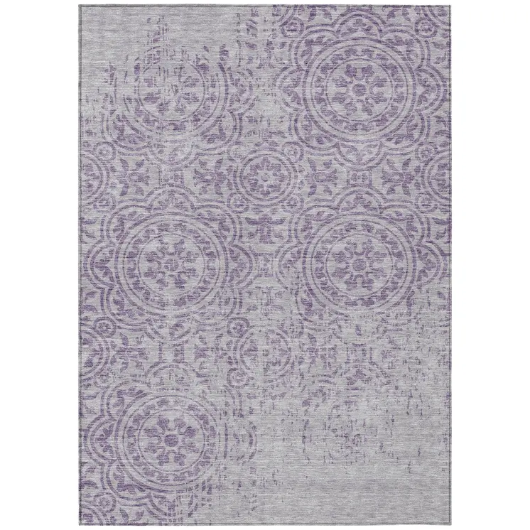 5' X 8' Lavender And Lilac Medallion Washable Indoor Outdoor Area Rug
