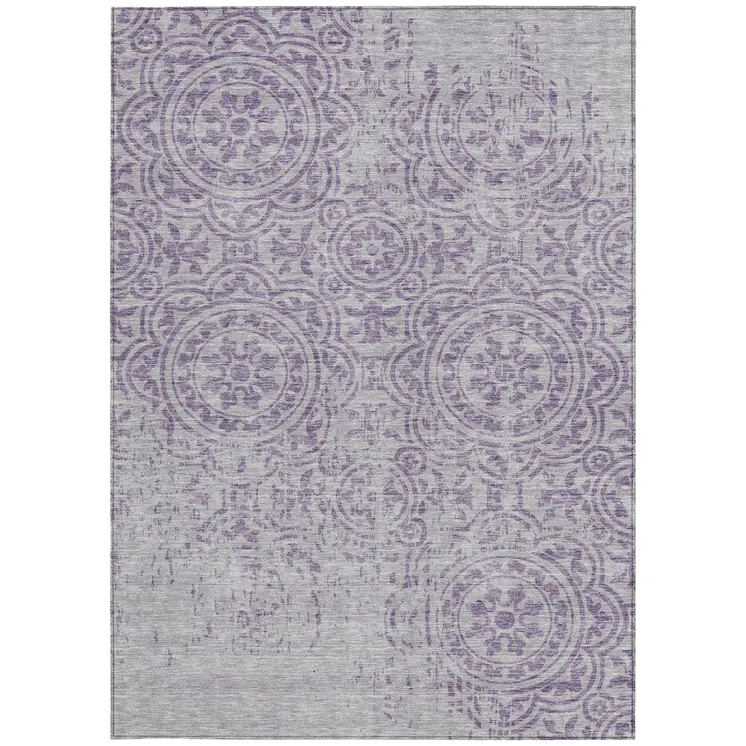 5' X 8' Lavender And Lilac Medallion Washable Indoor Outdoor Area Rug