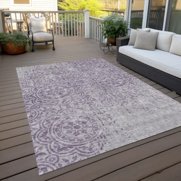 5' X 8' Lavender And Lilac Medallion Washable Indoor Outdoor Area Rug