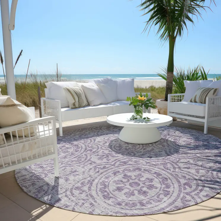 8' Lavender And Lilac Round Medallion Washable Indoor Outdoor Area Rug