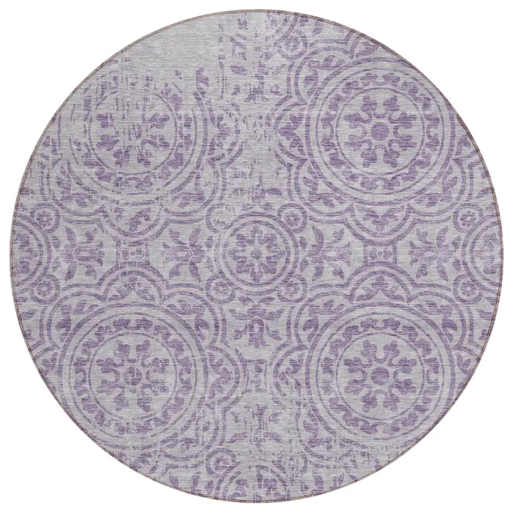8' Lavender And Lilac Round Medallion Washable Indoor Outdoor Area Rug