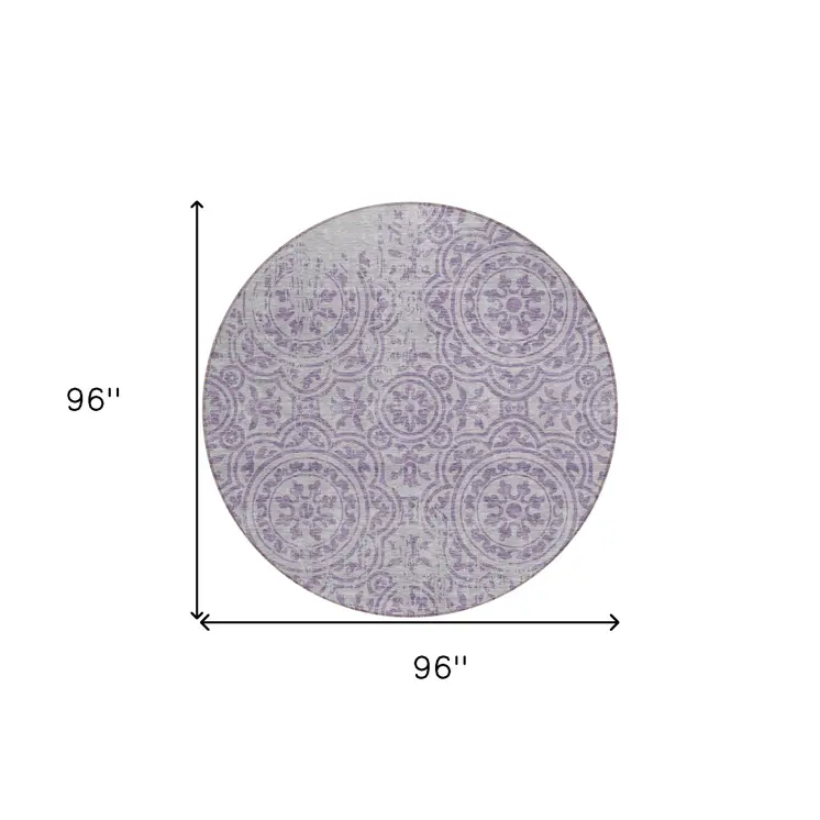 8' Lavender And Lilac Round Medallion Washable Indoor Outdoor Area Rug