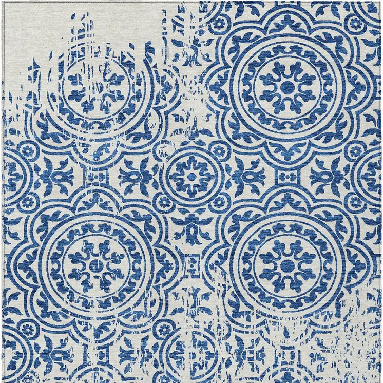 3' X 5' Navy Blue And Ivory Medallion Washable Indoor Outdoor Area Rug