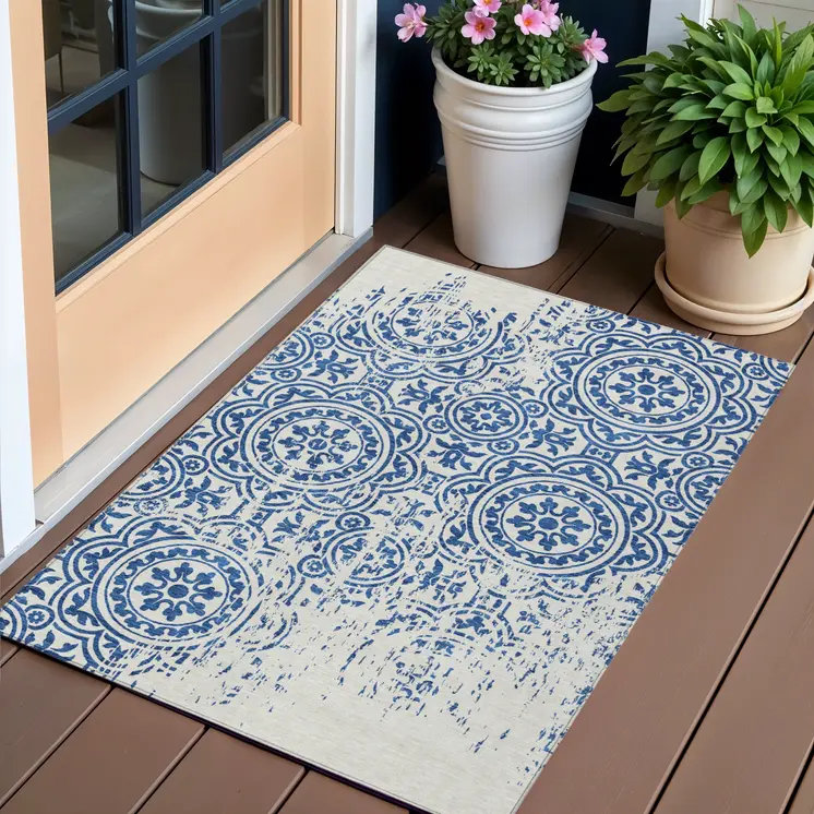 3' X 5' Navy Blue And Ivory Medallion Washable Indoor Outdoor Area Rug