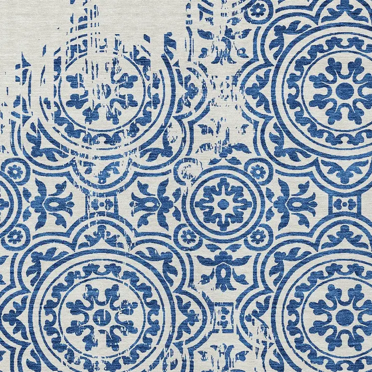 3' X 5' Navy Blue And Ivory Medallion Washable Indoor Outdoor Area Rug