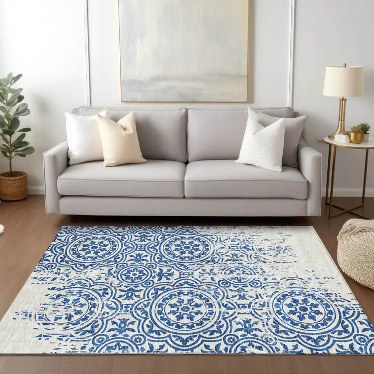 3' X 5' Navy Blue And Ivory Medallion Washable Indoor Outdoor Area Rug