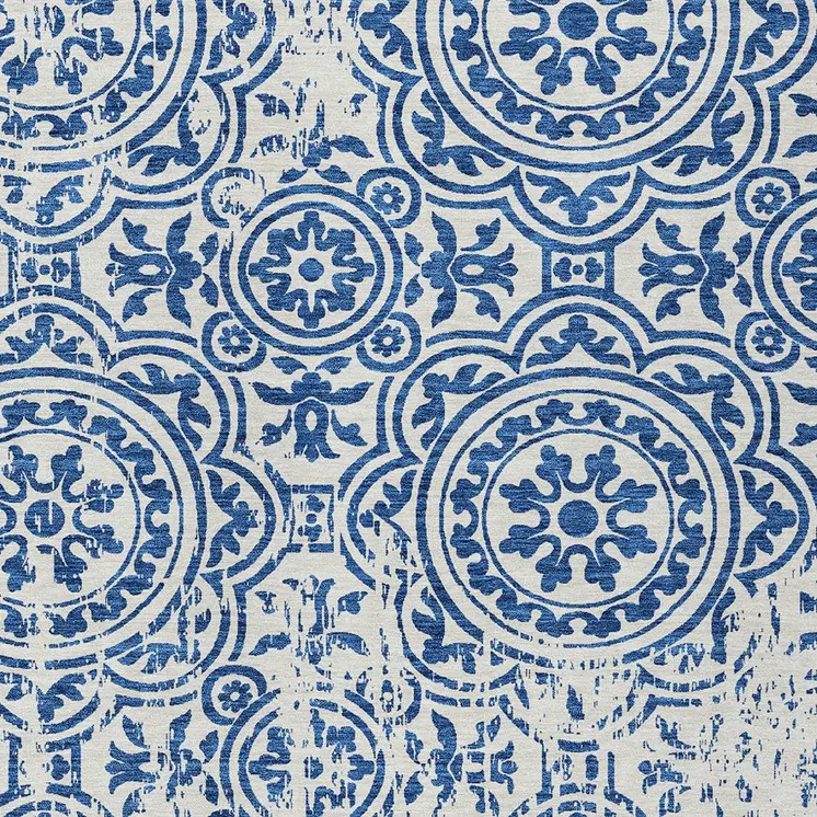 5' X 8' Navy Blue And Ivory Medallion Washable Indoor Outdoor Area Rug
