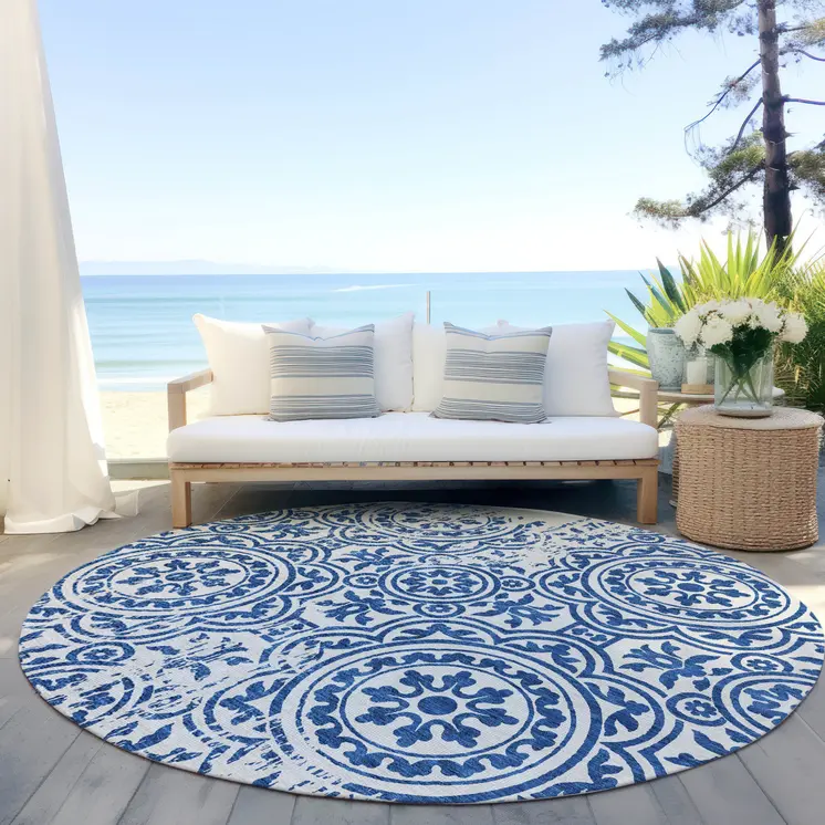 8' Navy Blue And Ivory Round Medallion Washable Indoor Outdoor Area Rug