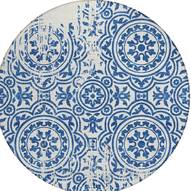 8' Navy Blue And Ivory Round Medallion Washable Indoor Outdoor Area Rug