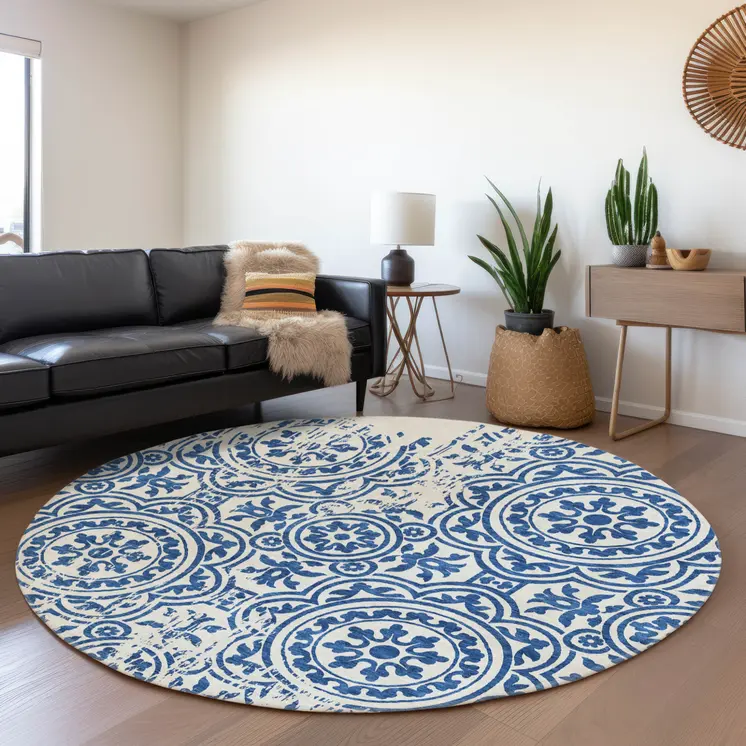 8' Navy Blue And Ivory Round Medallion Washable Indoor Outdoor Area Rug