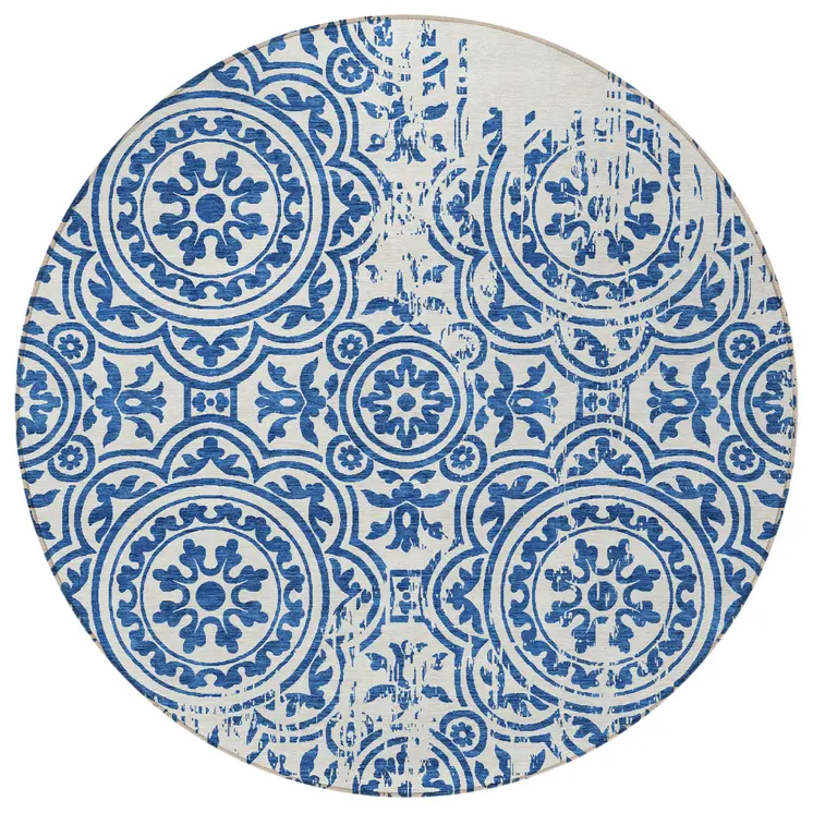 8' Navy Blue And Ivory Round Medallion Washable Indoor Outdoor Area Rug
