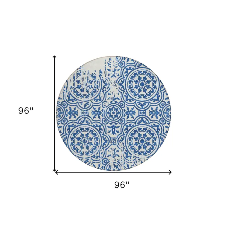 8' Navy Blue And Ivory Round Medallion Washable Indoor Outdoor Area Rug
