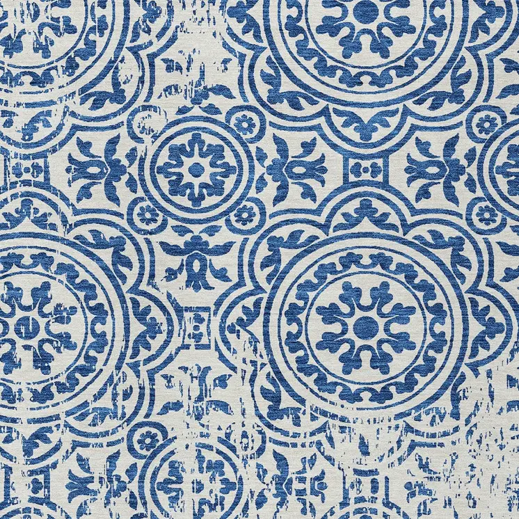 8' X 10' Navy Blue And Ivory Medallion Washable Indoor Outdoor Area Rug