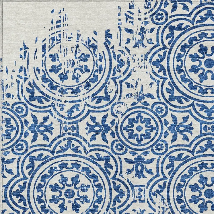 9' X 12' Navy Blue And Ivory Medallion Washable Indoor Outdoor Area Rug