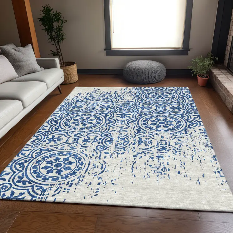 9' X 12' Navy Blue And Ivory Medallion Washable Indoor Outdoor Area Rug