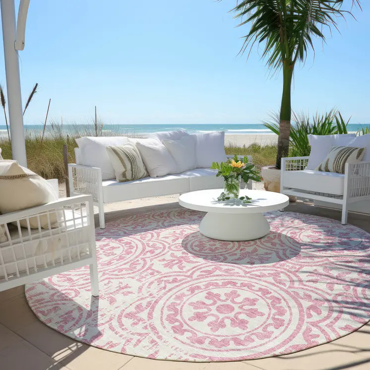 8' Pink And Ivory Round Medallion Washable Indoor Outdoor Area Rug