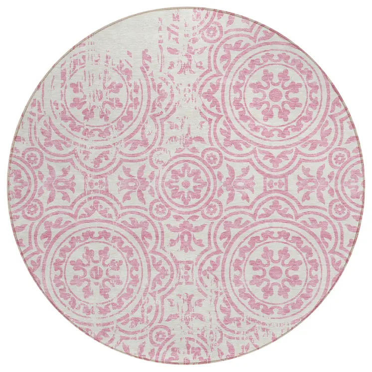 8' Pink And Ivory Round Medallion Washable Indoor Outdoor Area Rug