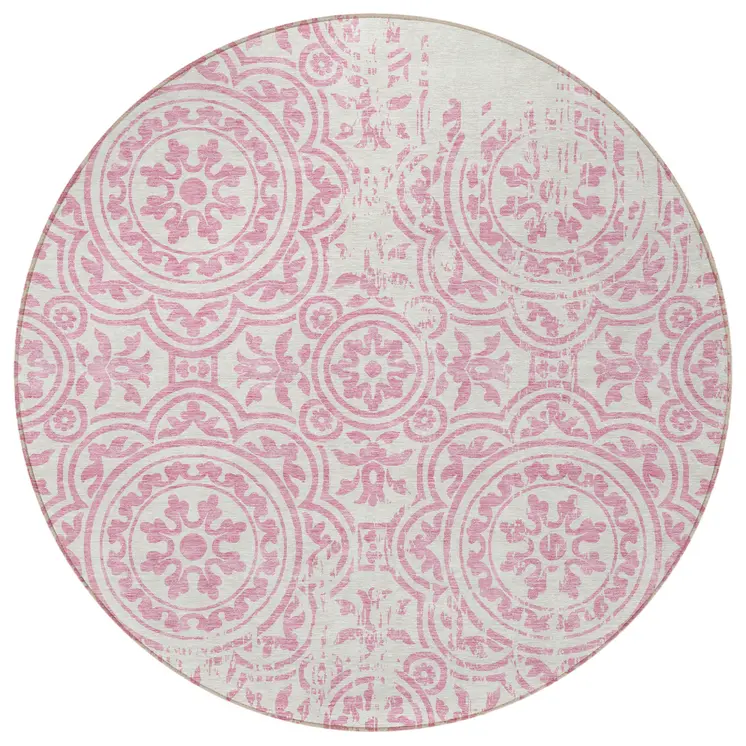 8' Pink And Ivory Round Medallion Washable Indoor Outdoor Area Rug