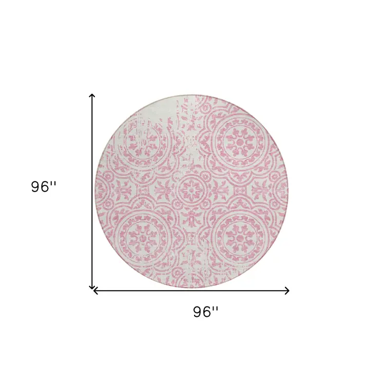 8' Pink And Ivory Round Medallion Washable Indoor Outdoor Area Rug
