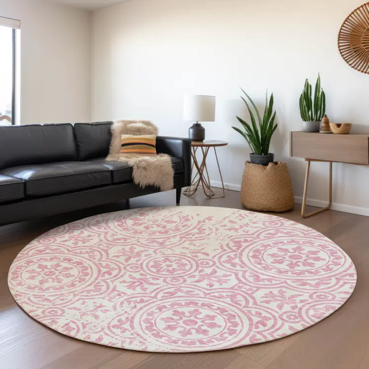 8' Pink And Ivory Round Medallion Washable Indoor Outdoor Area Rug