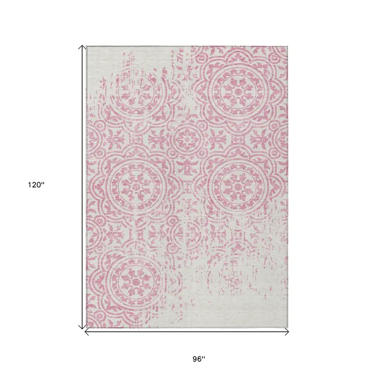 8' X 10' Pink And Ivory Medallion Washable Indoor Outdoor Area Rug