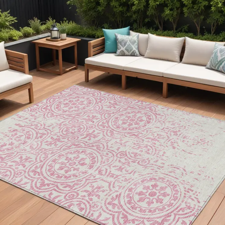 8' X 10' Pink And Ivory Medallion Washable Indoor Outdoor Area Rug