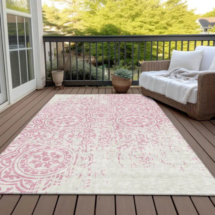 8' X 10' Pink And Ivory Medallion Washable Indoor Outdoor Area Rug