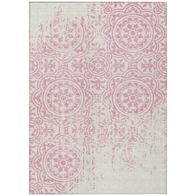 8' X 10' Pink And Ivory Medallion Washable Indoor Outdoor Area Rug