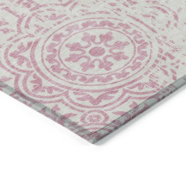 8' X 10' Pink And Ivory Medallion Washable Indoor Outdoor Area Rug