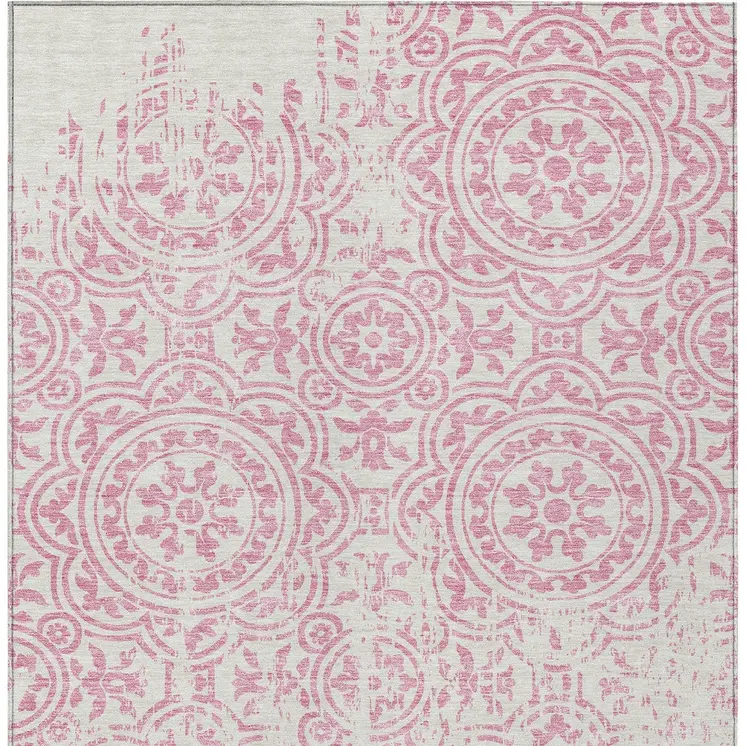 8' X 10' Pink And Ivory Medallion Washable Indoor Outdoor Area Rug