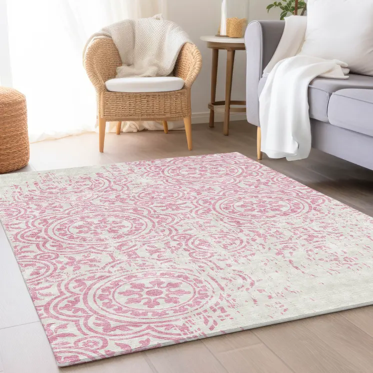 8' X 10' Pink And Ivory Medallion Washable Indoor Outdoor Area Rug