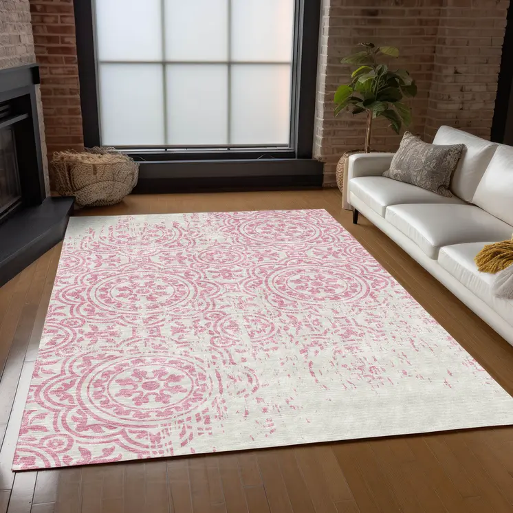 8' X 10' Pink And Ivory Medallion Washable Indoor Outdoor Area Rug