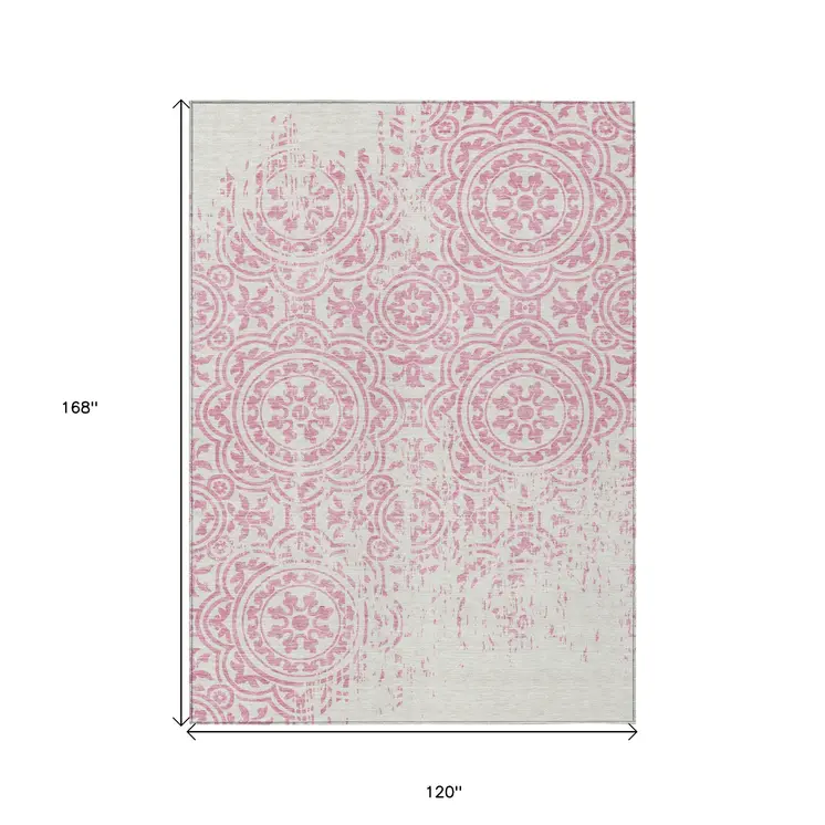 10' X 14' Pink And Ivory Medallion Washable Indoor Outdoor Area Rug