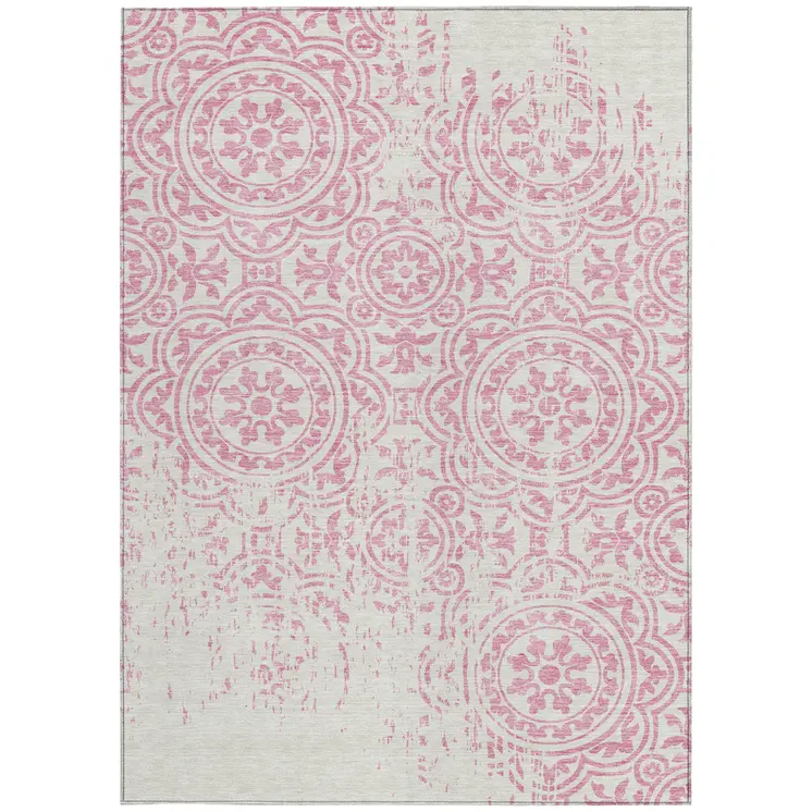 10' X 14' Pink And Ivory Medallion Washable Indoor Outdoor Area Rug