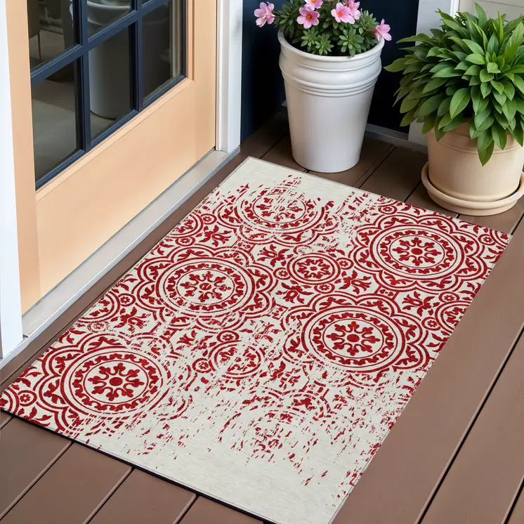 3' X 5' Red And Ivory Medallion Washable Indoor Outdoor Area Rug