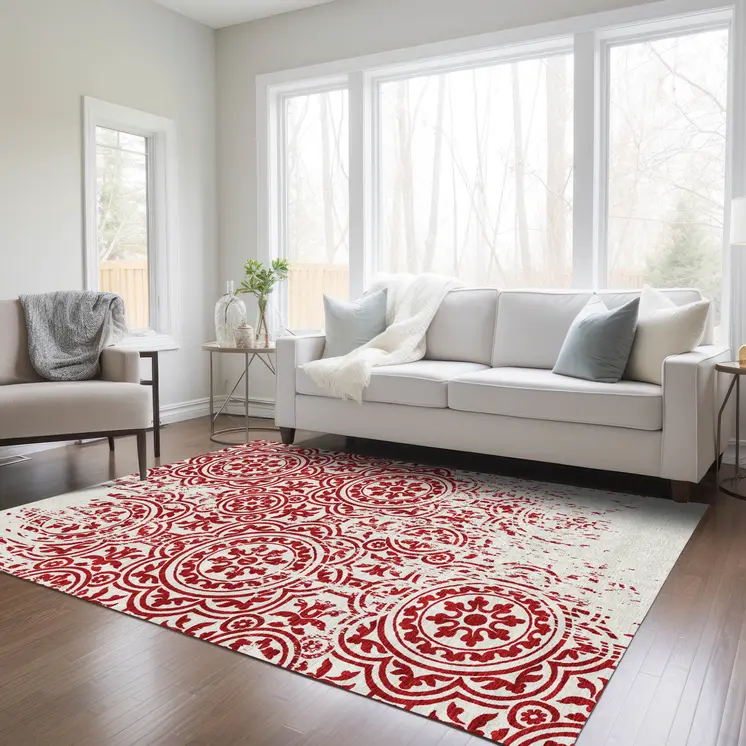 3' X 5' Red And Ivory Medallion Washable Indoor Outdoor Area Rug