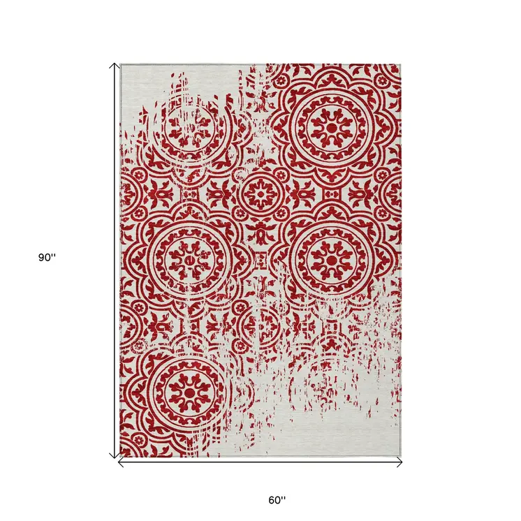 5' X 8' Red And Ivory Medallion Washable Indoor Outdoor Area Rug