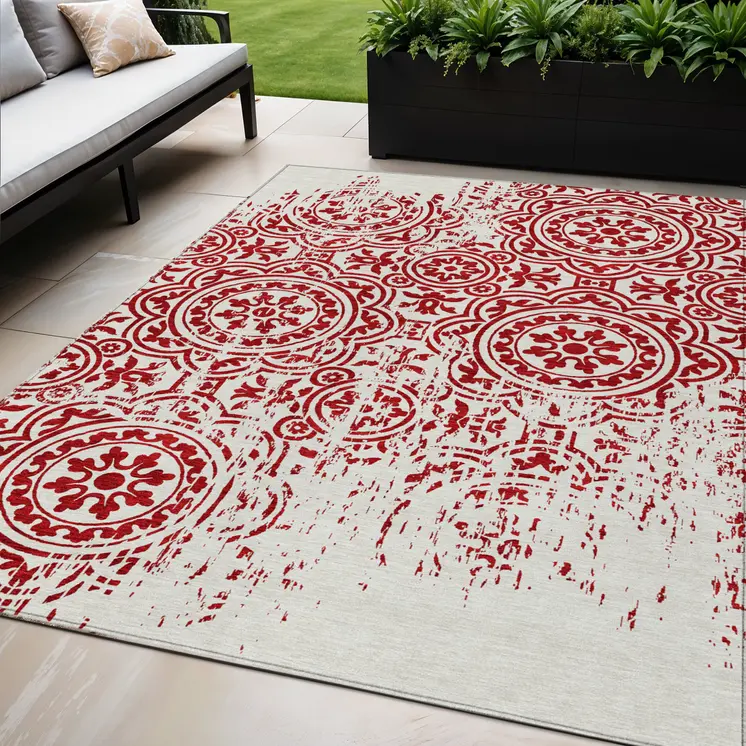 5' X 8' Red And Ivory Medallion Washable Indoor Outdoor Area Rug