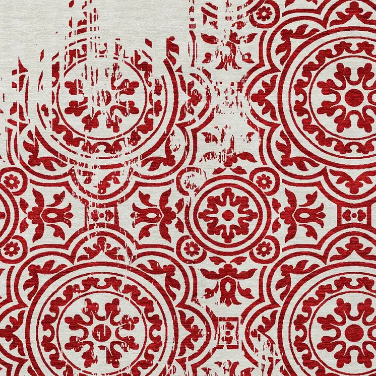 5' X 8' Red And Ivory Medallion Washable Indoor Outdoor Area Rug