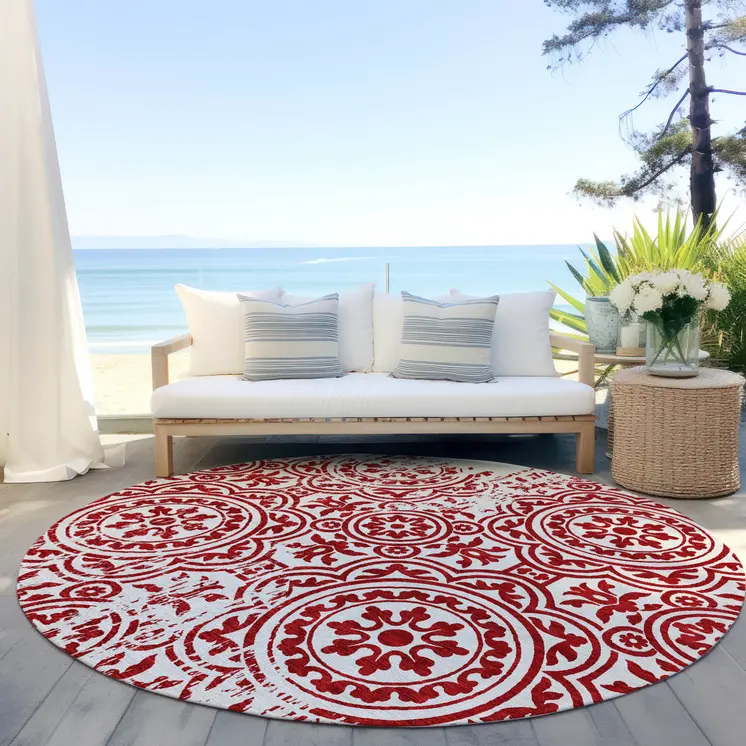 8' Red And Ivory Round Medallion Washable Indoor Outdoor Area Rug
