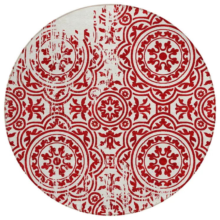 8' Red And Ivory Round Medallion Washable Indoor Outdoor Area Rug