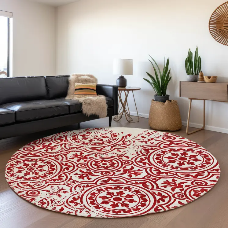 8' Red And Ivory Round Medallion Washable Indoor Outdoor Area Rug