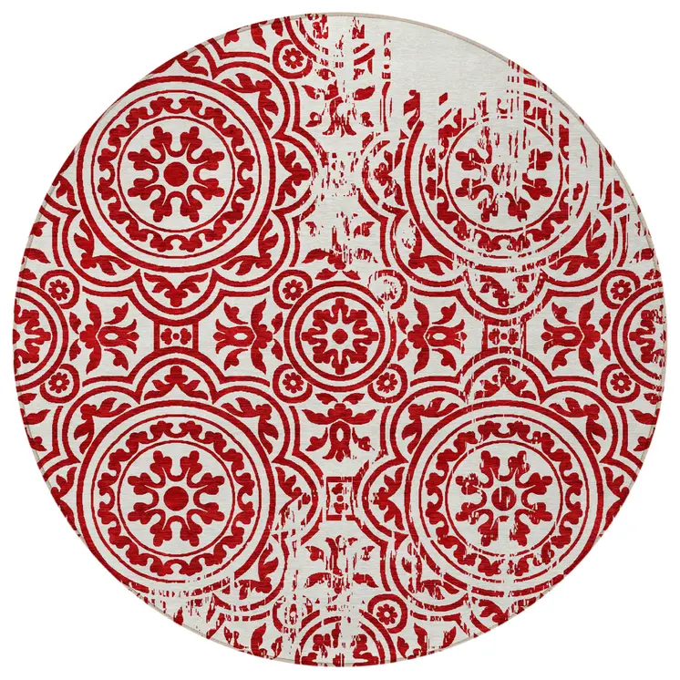 8' Red And Ivory Round Medallion Washable Indoor Outdoor Area Rug