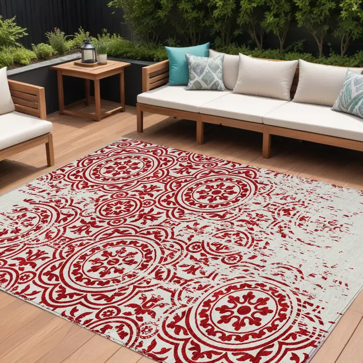 8' X 10' Red And Ivory Medallion Washable Indoor Outdoor Area Rug