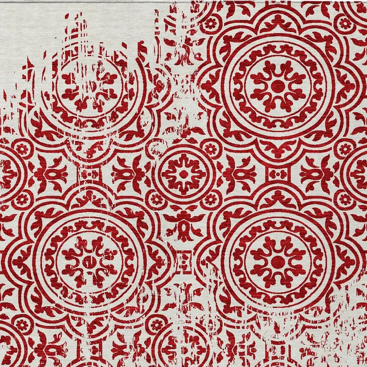 9' X 12' Red And Ivory Medallion Washable Indoor Outdoor Area Rug