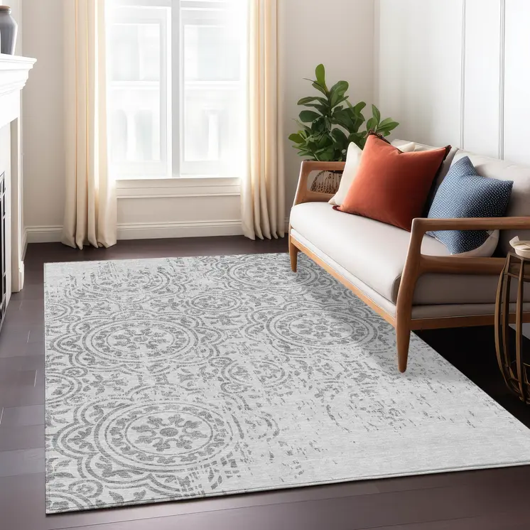 3' X 5' Silver And Gray Medallion Washable Indoor Outdoor Area Rug
