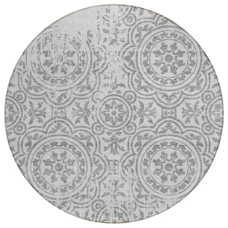 8' Silver And Gray Round Medallion Washable Indoor Outdoor Area Rug