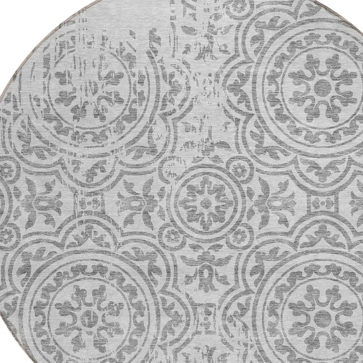 8' Silver And Gray Round Medallion Washable Indoor Outdoor Area Rug