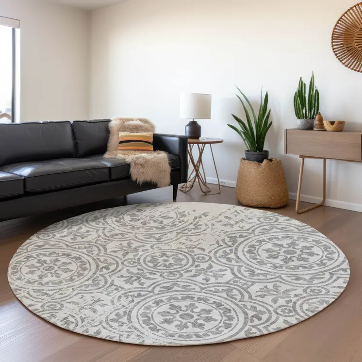 8' Silver And Gray Round Medallion Washable Indoor Outdoor Area Rug